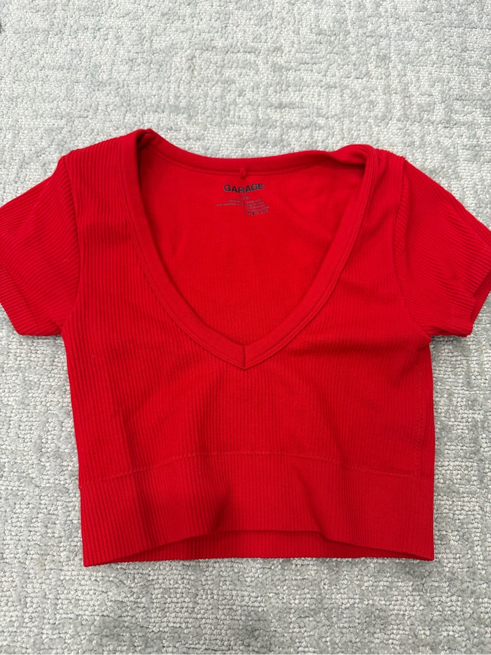 Garage Red Ribbed V-Neck Short Sleeve Crop Top